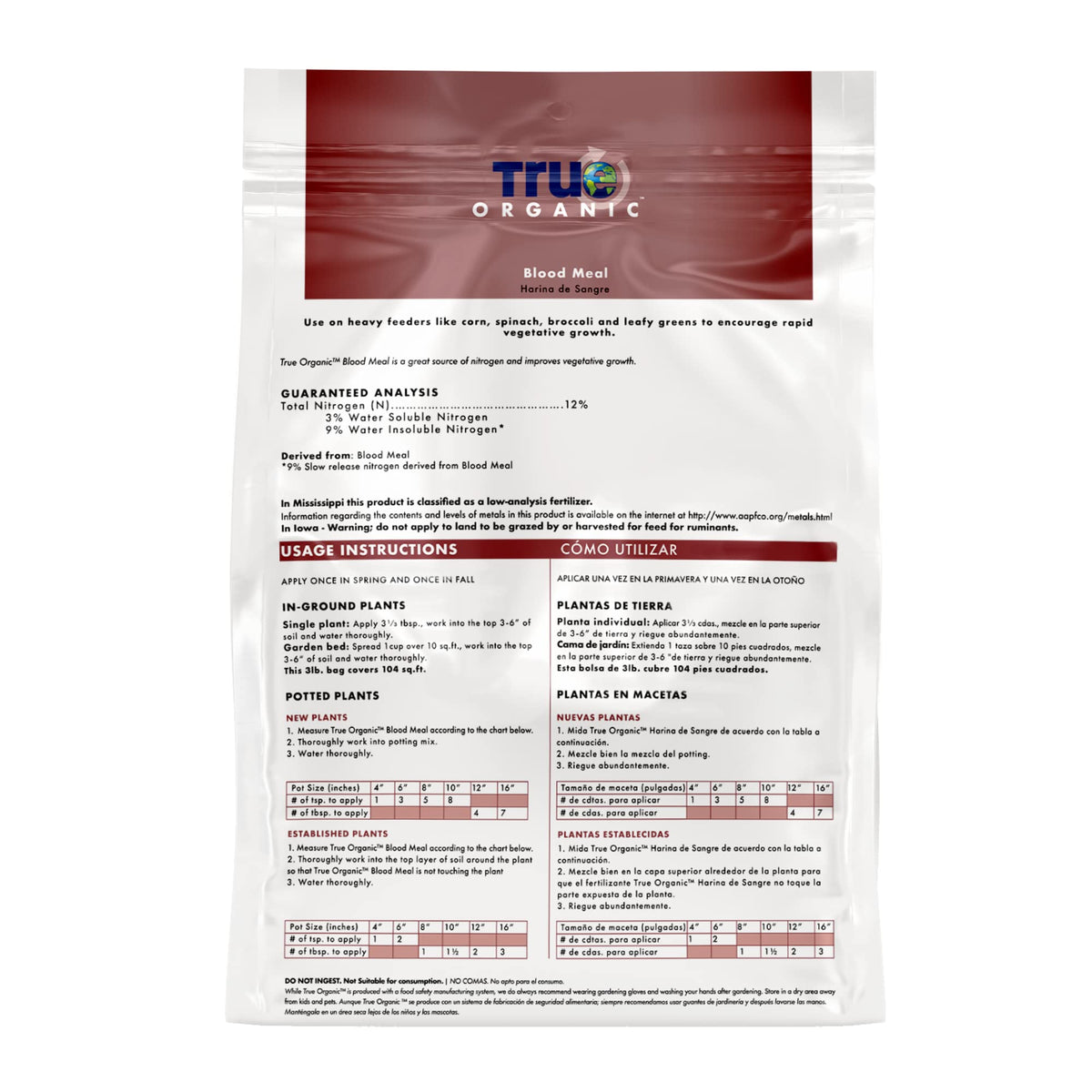 True Organic Blood Meal nitrogen-rich formula banner emphasizes rapid vegetative growth for heavy feeders