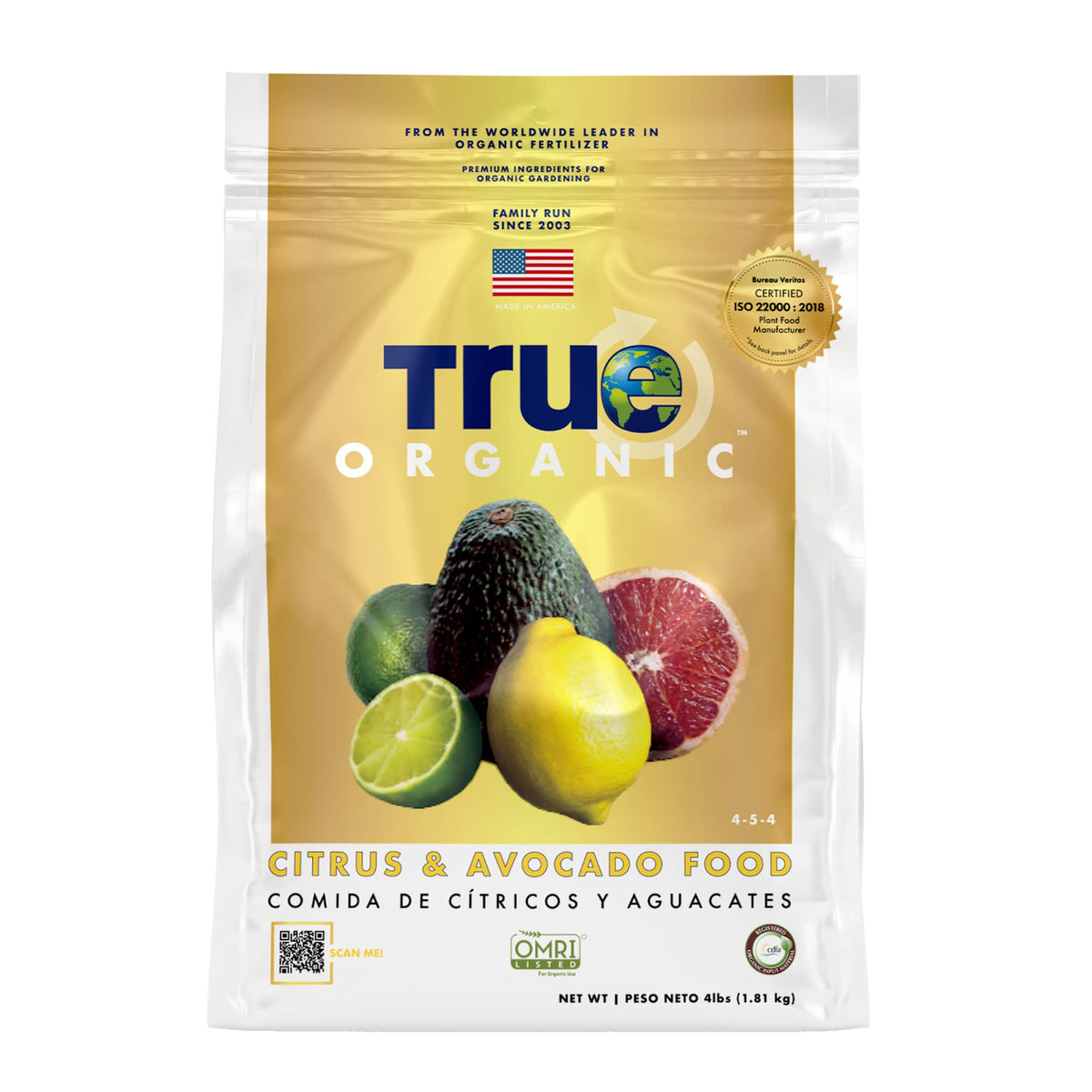 True Organic Citrus & Avocado Food bag closeup shows premium blend for healthy growth.