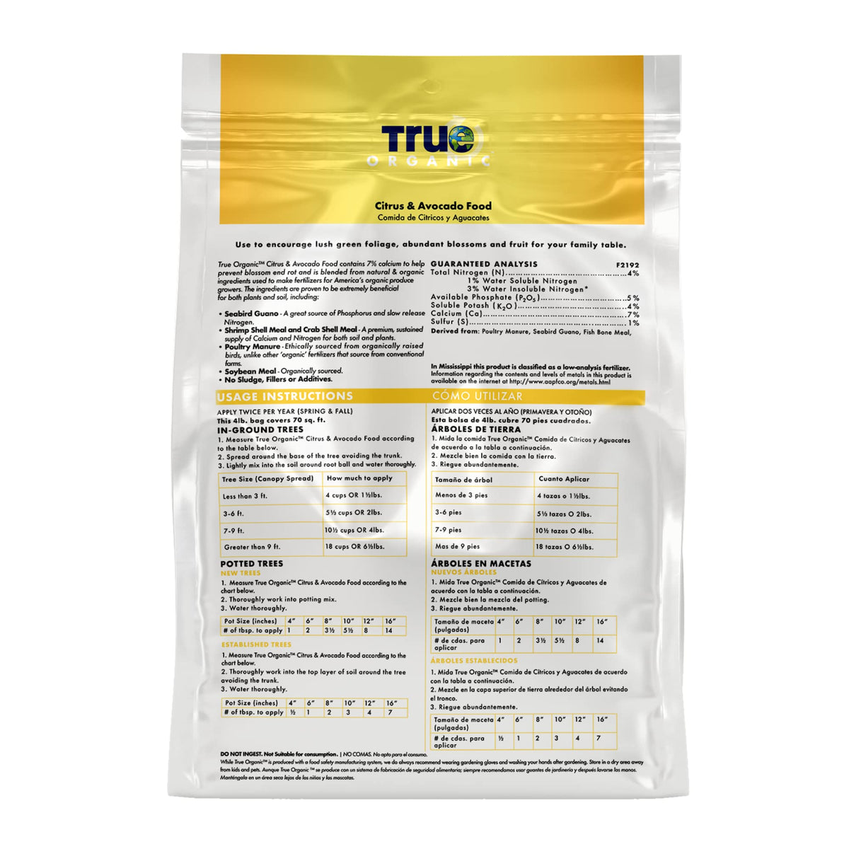 True Organic Citrus & Avocado Food granules scattered on soil indicate easy feeding.