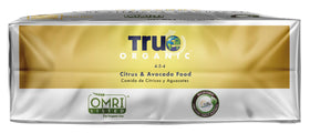 True Organic Citrus & Avocado Food granules on soil illustrate simple application.
