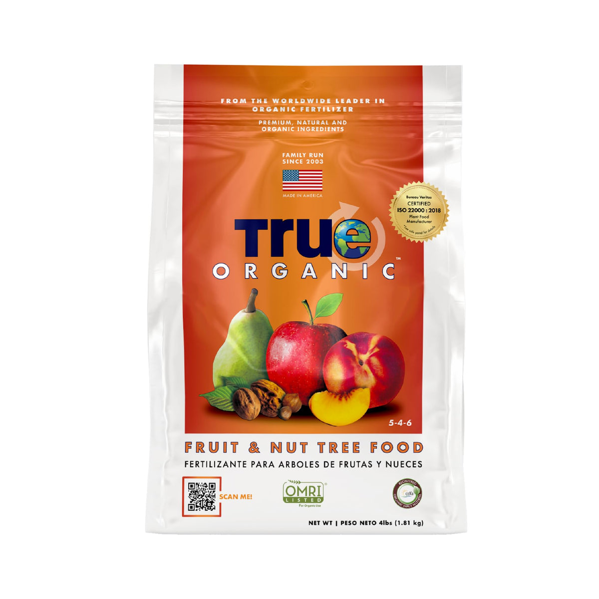 True Organic Fruit and Nut Food bag close-up showing calcium-rich formula for tree health