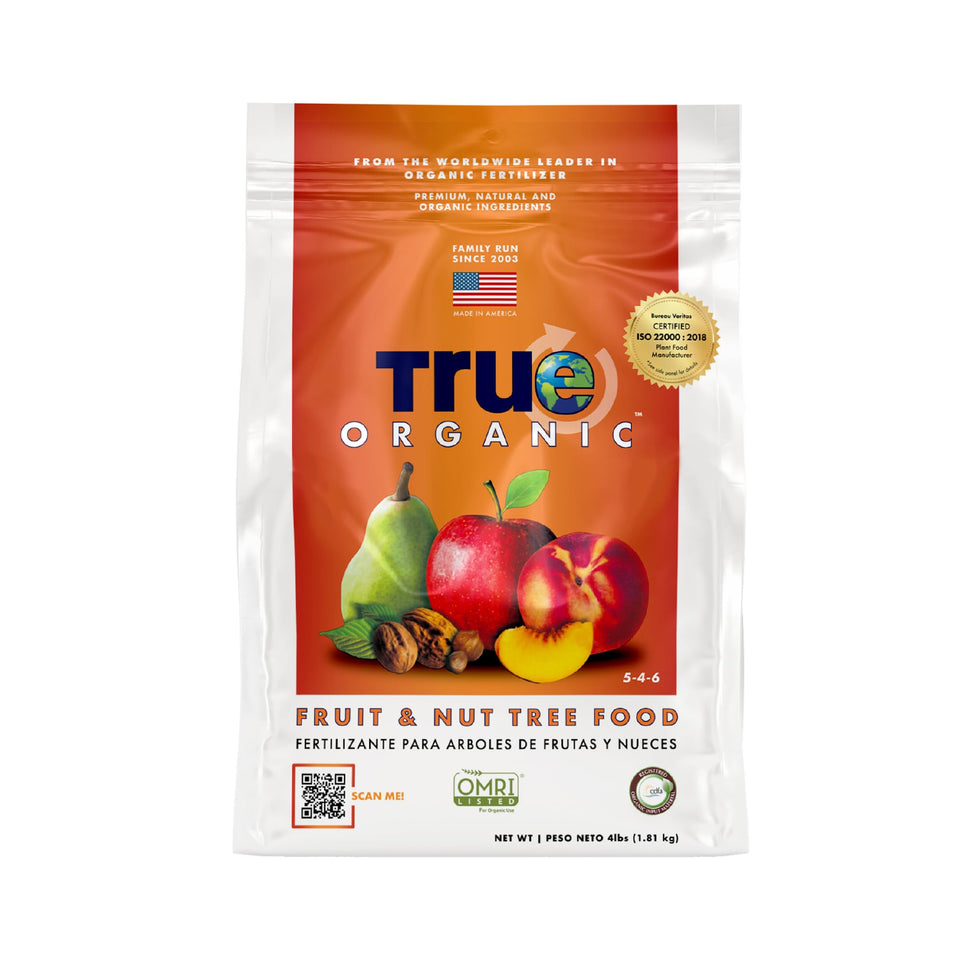 True Organic Fruit and Nut Food bag close-up showing calcium-rich formula for tree health