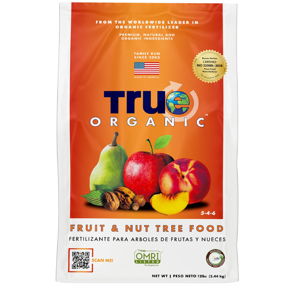 True Organic Fruit & Nut Food bag ready for tree feeding to boost yields.