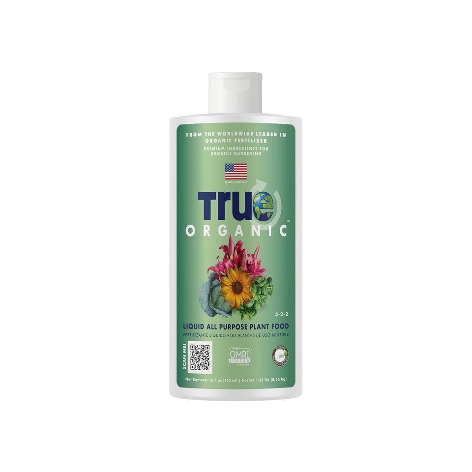 True Organic Liquid All Purpose Plant Food bottle front view for easy indoor and outdoor feeding.
