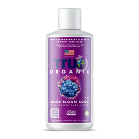 True Organic Liquid Bloom Boost bottle enables easy feeding for vibrant growth.