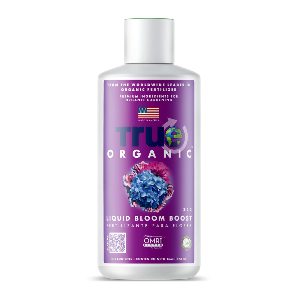 True Organic Liquid Bloom Boost bottle enables easy feeding for vibrant growth.