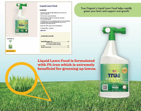 True Organic Liquid Lawn Food bottle highlighting 1% iron for richer green color