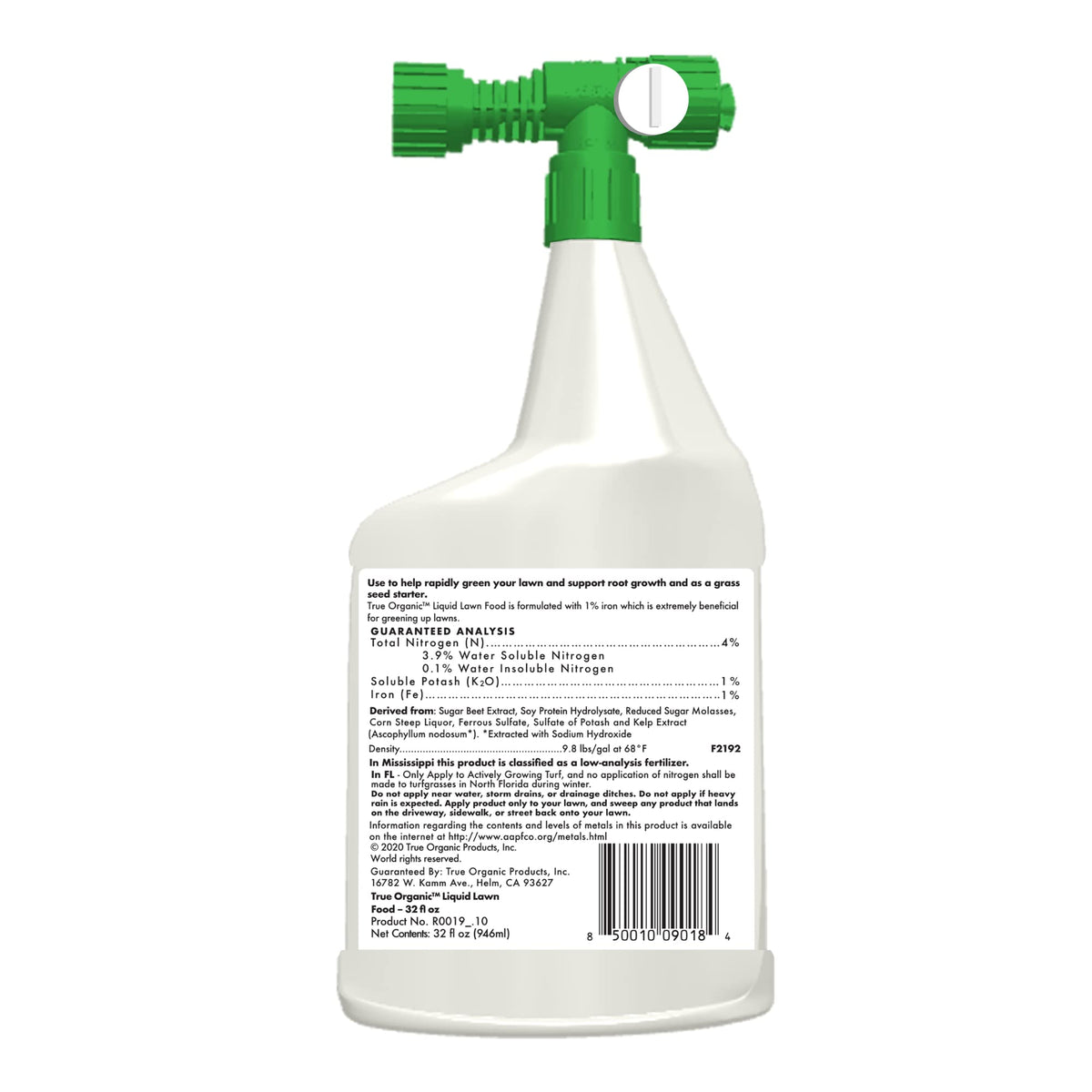True Organic Liquid Lawn Food sprayer dispensing formula for even coverage across 2,000 sq ft