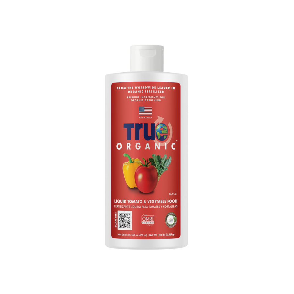 True Organic Liquid Tomato & Vegetable Food bottle-pour supports even nourishment for vegetables.