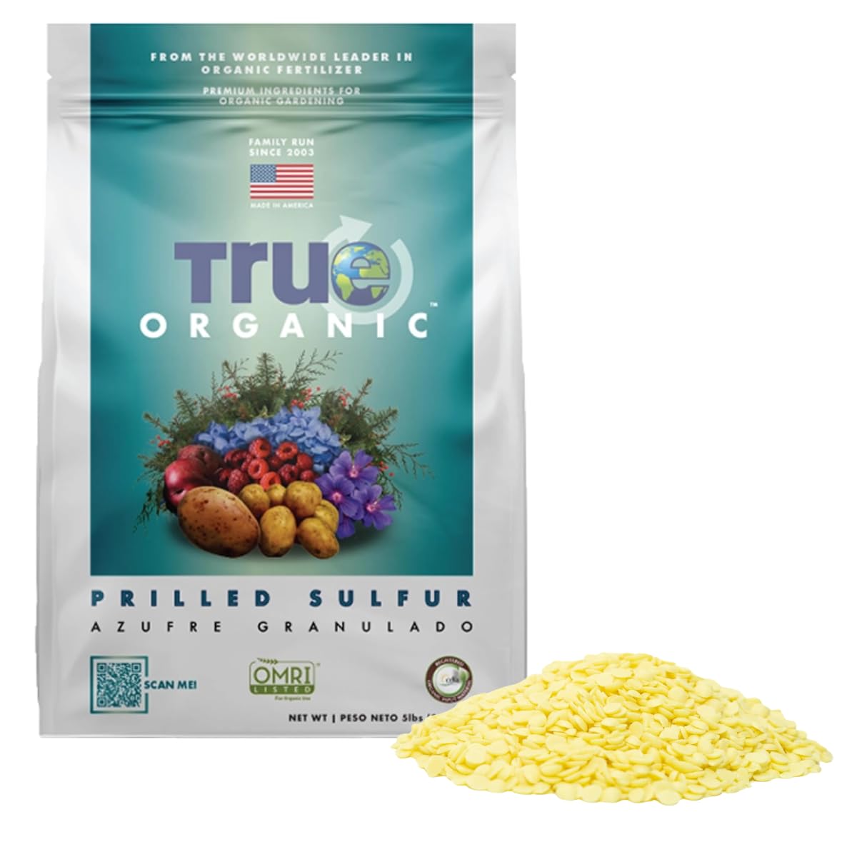 True Organic Prilled Sulfur bag shown for soil balance and easy handling.