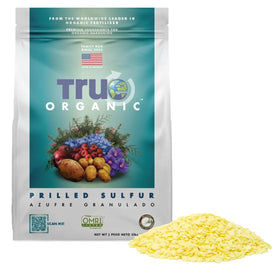 True Organic Prilled Sulfur bag shown for soil balance and easy handling.