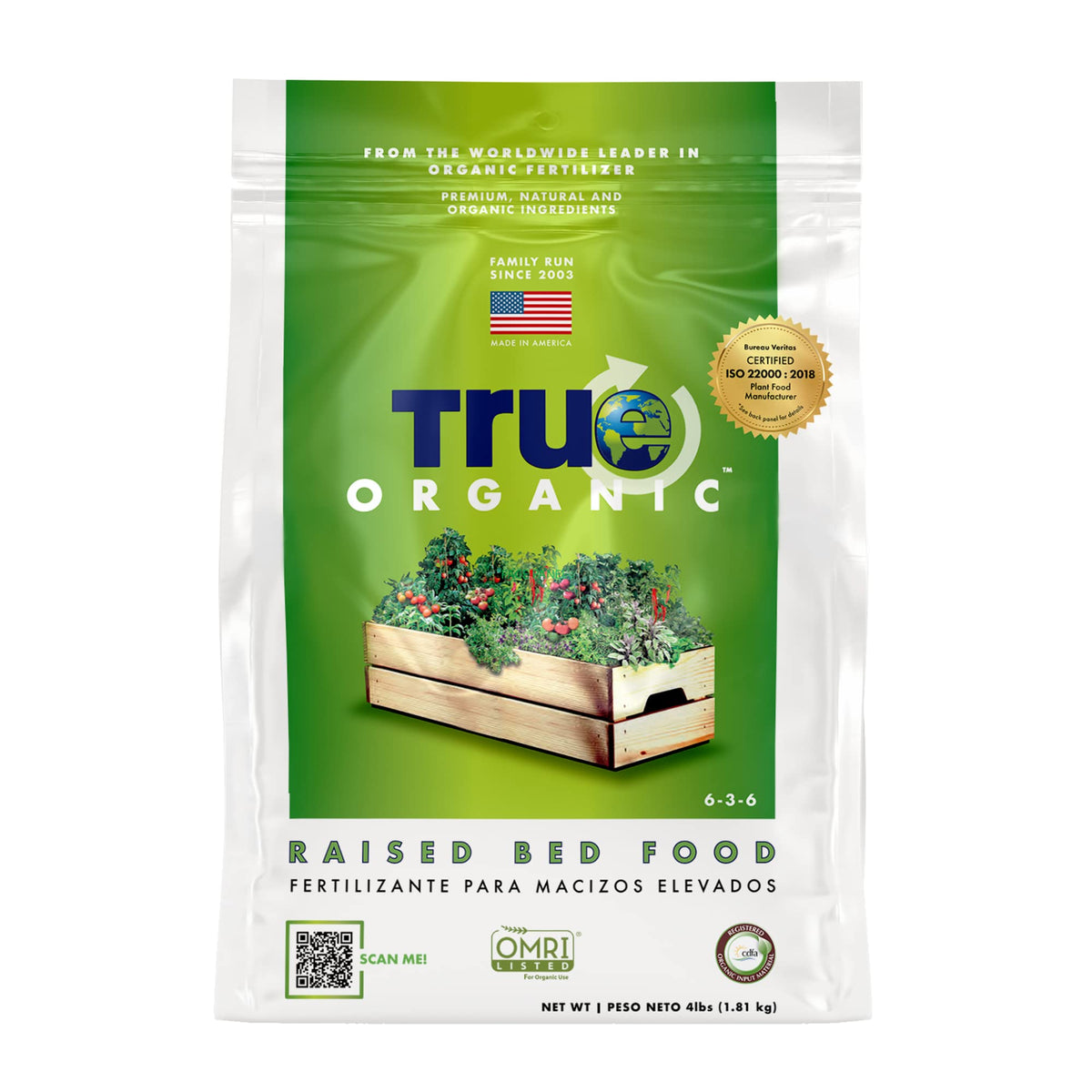 True Organic Raised Bed Food 4lb bag—compact fertilizer for thriving herbs and vegetables.