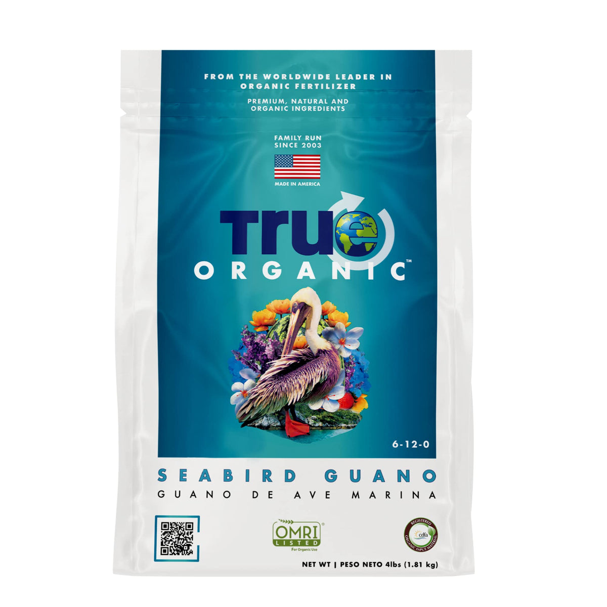 True Organic Seabird Guano bag front promotes lush plant growth