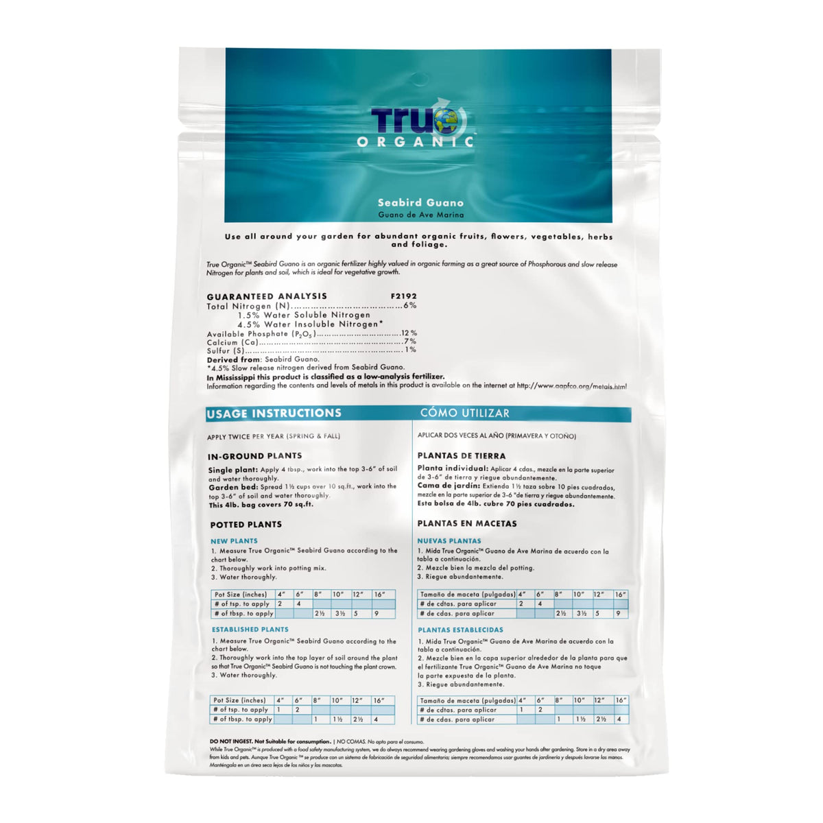 True Organic Seabird Guano label close-up highlights slow-release nutrients