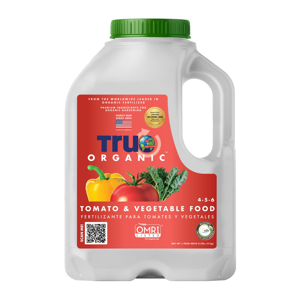 True Organic Tomato and Vegetable Food granular fertilizer for organic gardens boosts steady growth.