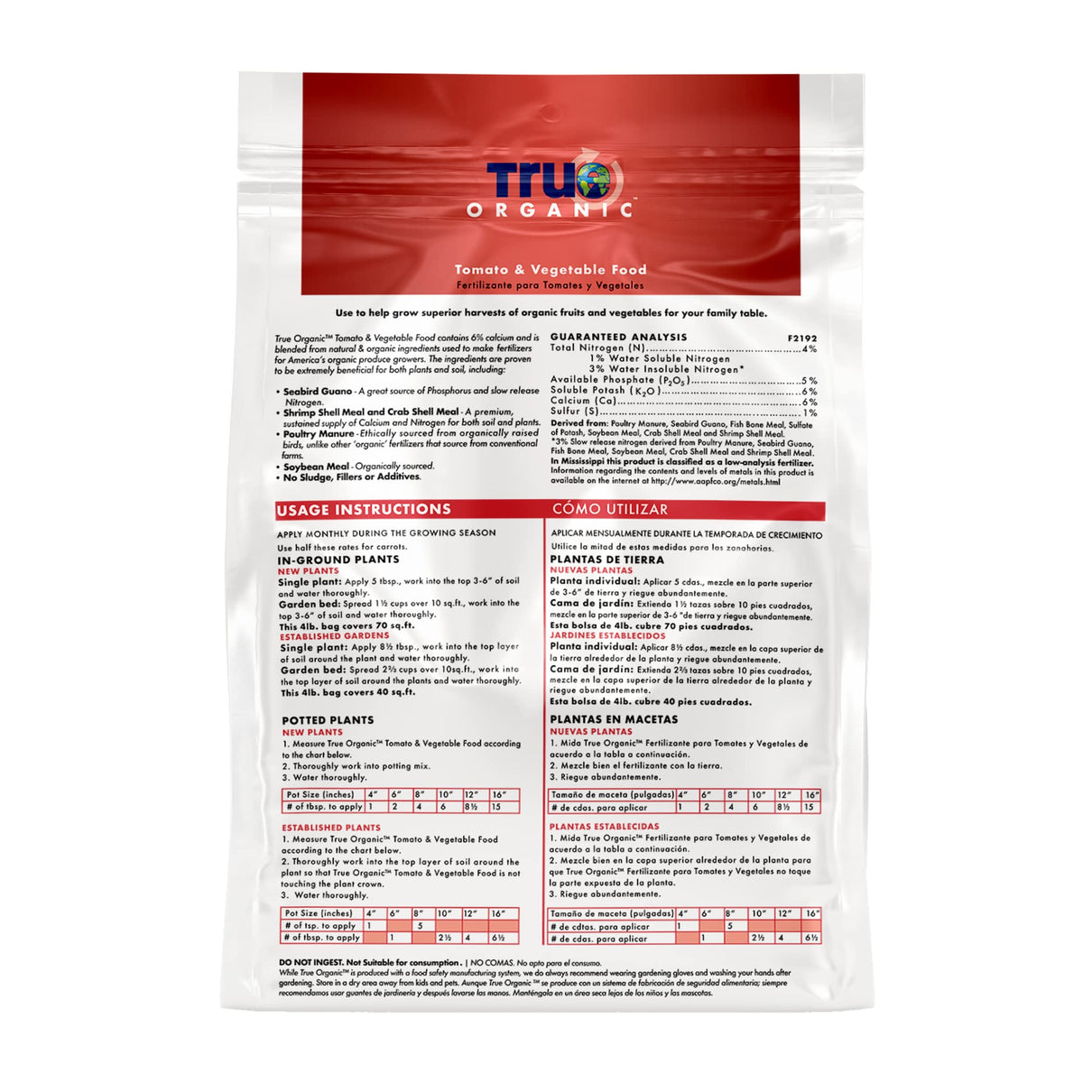 True Organic Tomato & Vegetable Food 4lb bag for convenient quick-feed in small gardens.