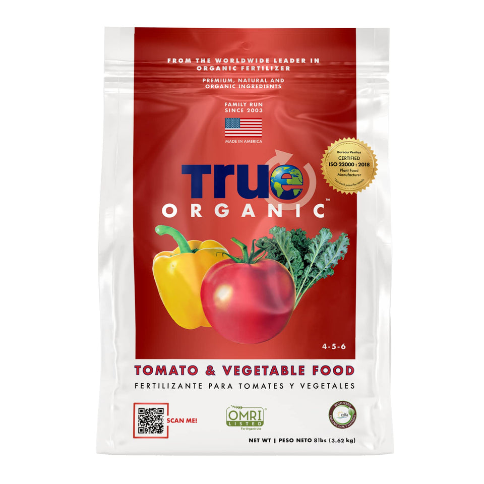 True Organic Tomato & Vegetable Food 8lb bag ready for garden use, supports healthy yields.