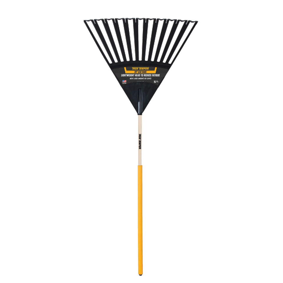 TRUE TEMPER clog-free poly leaf rake with 24in head clears leaves quickly