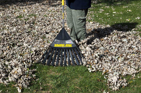 TRUE TEMPER cushioned-grip rake enables comfortable use during autumn leaf gathering