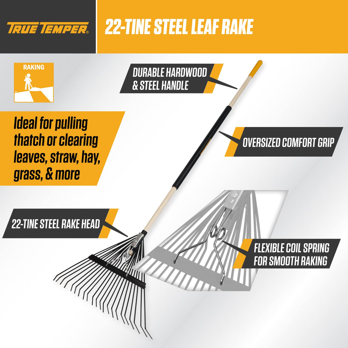TRUE TEMPER rake head shows 22-tine design for thorough dethatching and lawn cleanup.