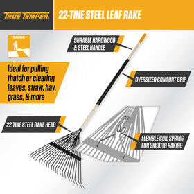 TRUE TEMPER rake head shows 22-tine design for thorough dethatching and lawn cleanup.