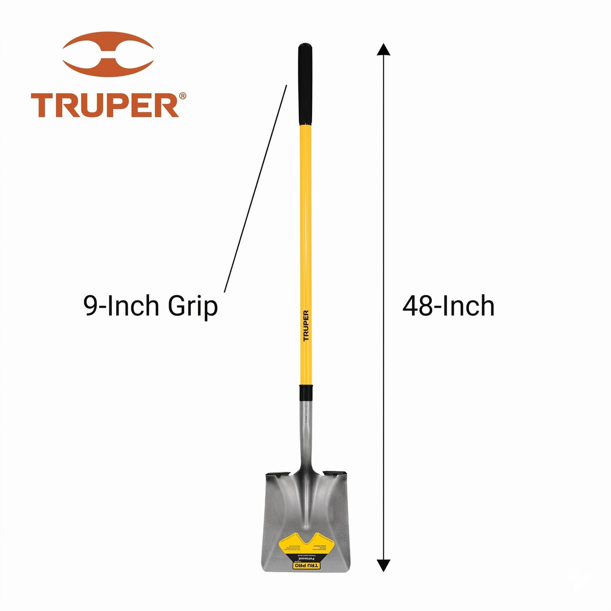 Truper Tru Pro square-point shovel fiberglass handle showing durability