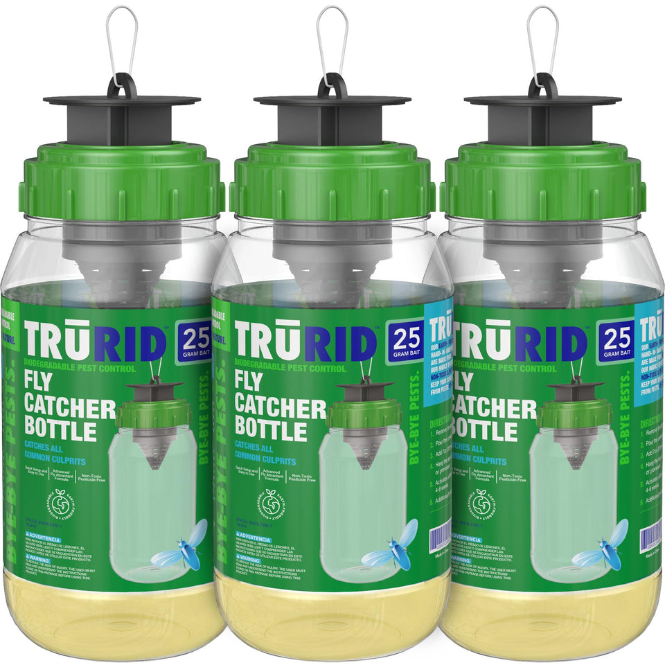 TRURID fly traps 3-pack package ready for quick outdoor deployment against pests.