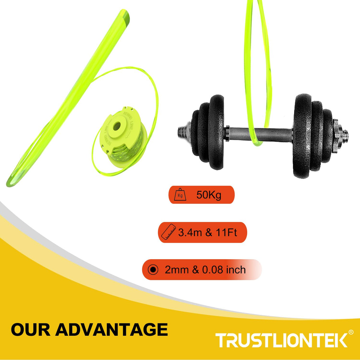 Trustliontek ABS spool with polyamide nylon line offers durability and flexibility.