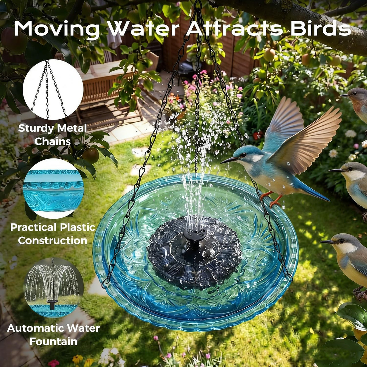 Cascading water flow enhances bird appeal and garden ambiance.