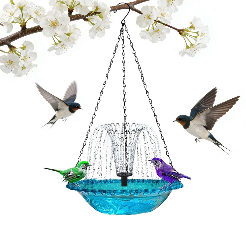 TRWLCFF hanging bird bath fountain with glass bowl attracts hummingbirds.