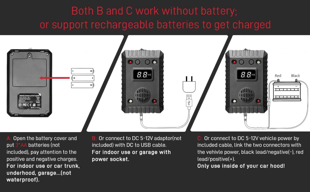 Tryfire rodent deterrent connected to 12V battery keeps pests at bay.