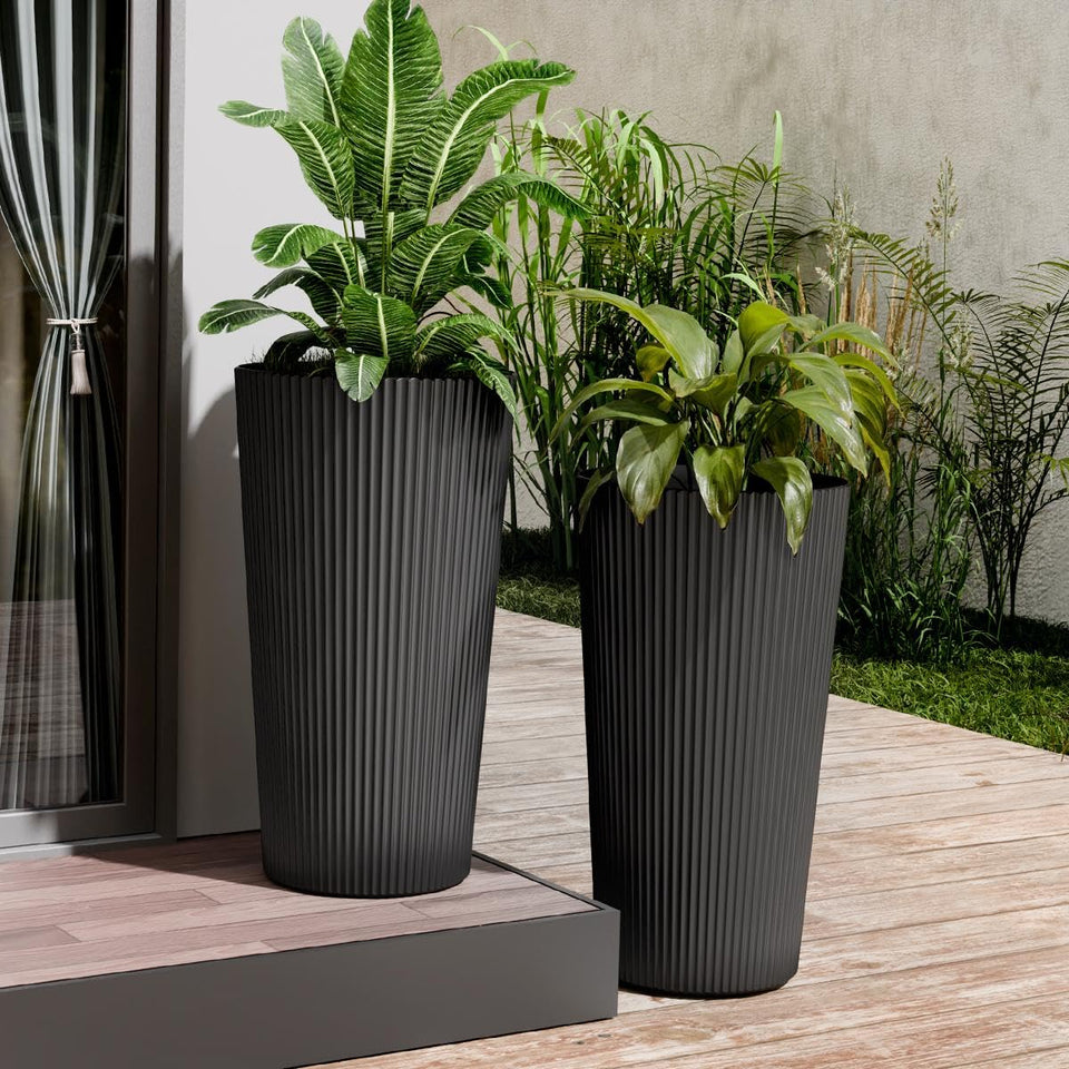 Trygoal 23.6 tall striped planter on front porch adds curb appeal and functional height.