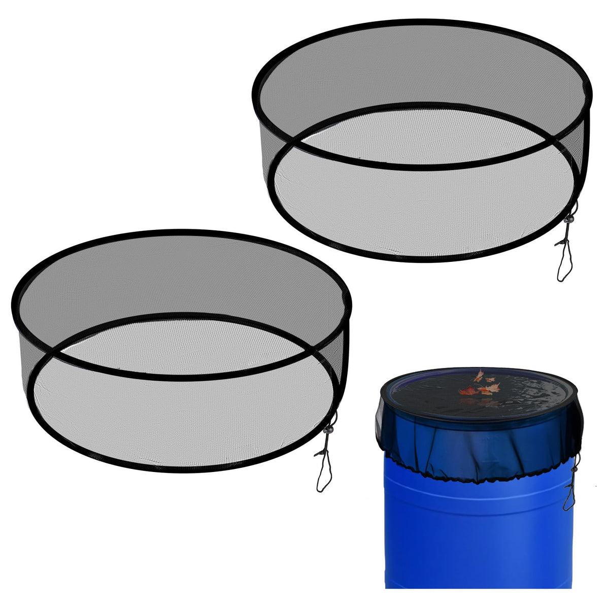 Tryly rain barrel mesh cover on a 24.8-inch barrel blocks leaves while allowing airflow