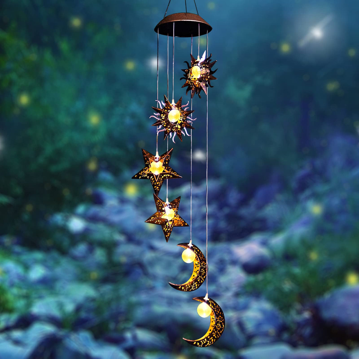 Tryme Solar Wind Chimes with sun-moon-star design for magical garden ambiance.