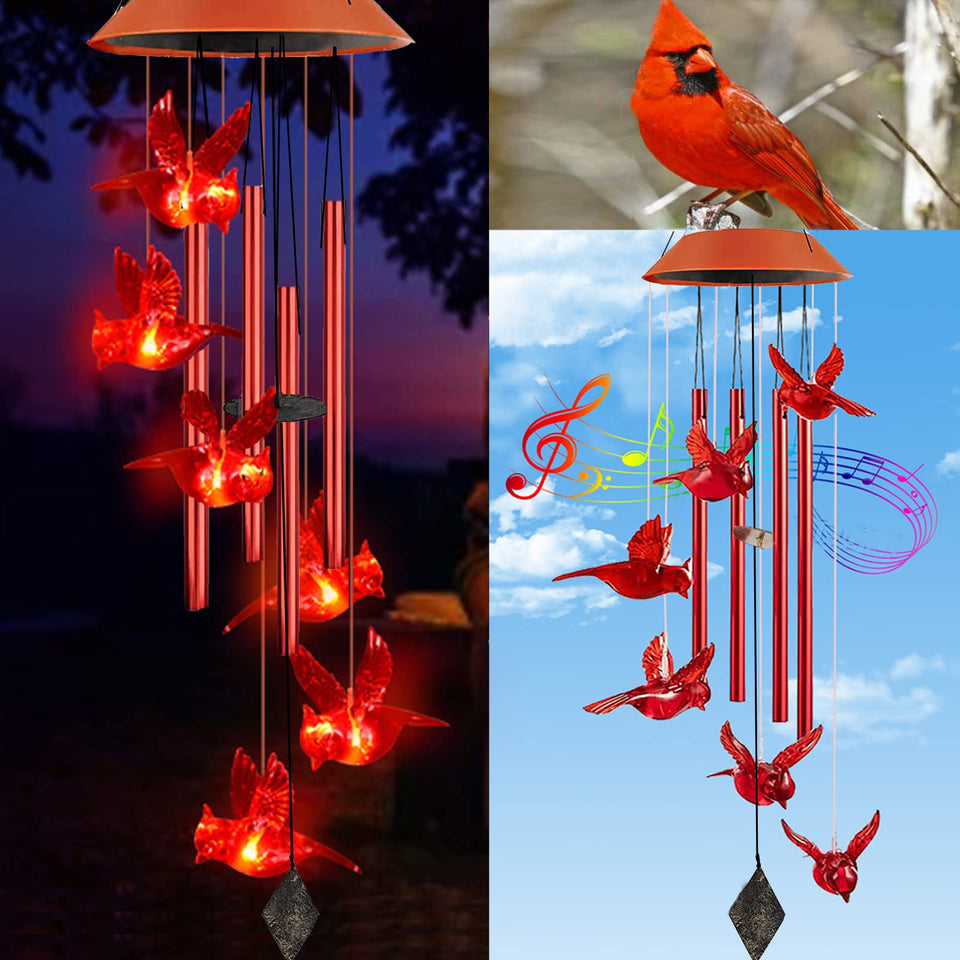 TSIPEKLO Cardinal Wind Chimes outdoors with red light illumination at night.
