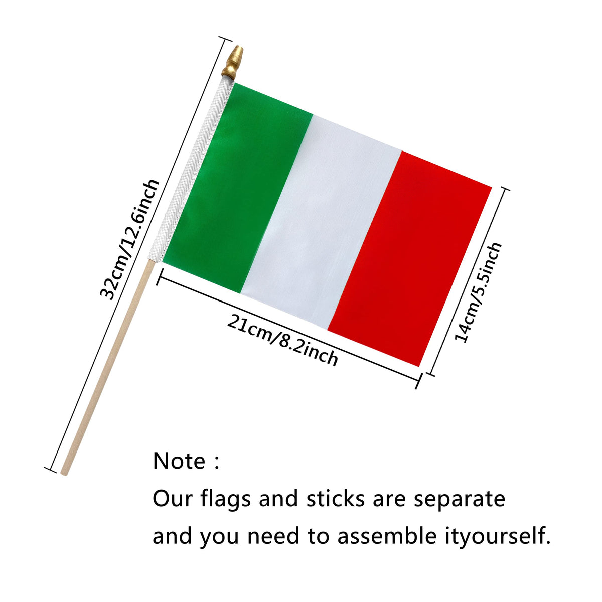 TSMD Italy flag on wooden stick, reusable decor for parties and desks.