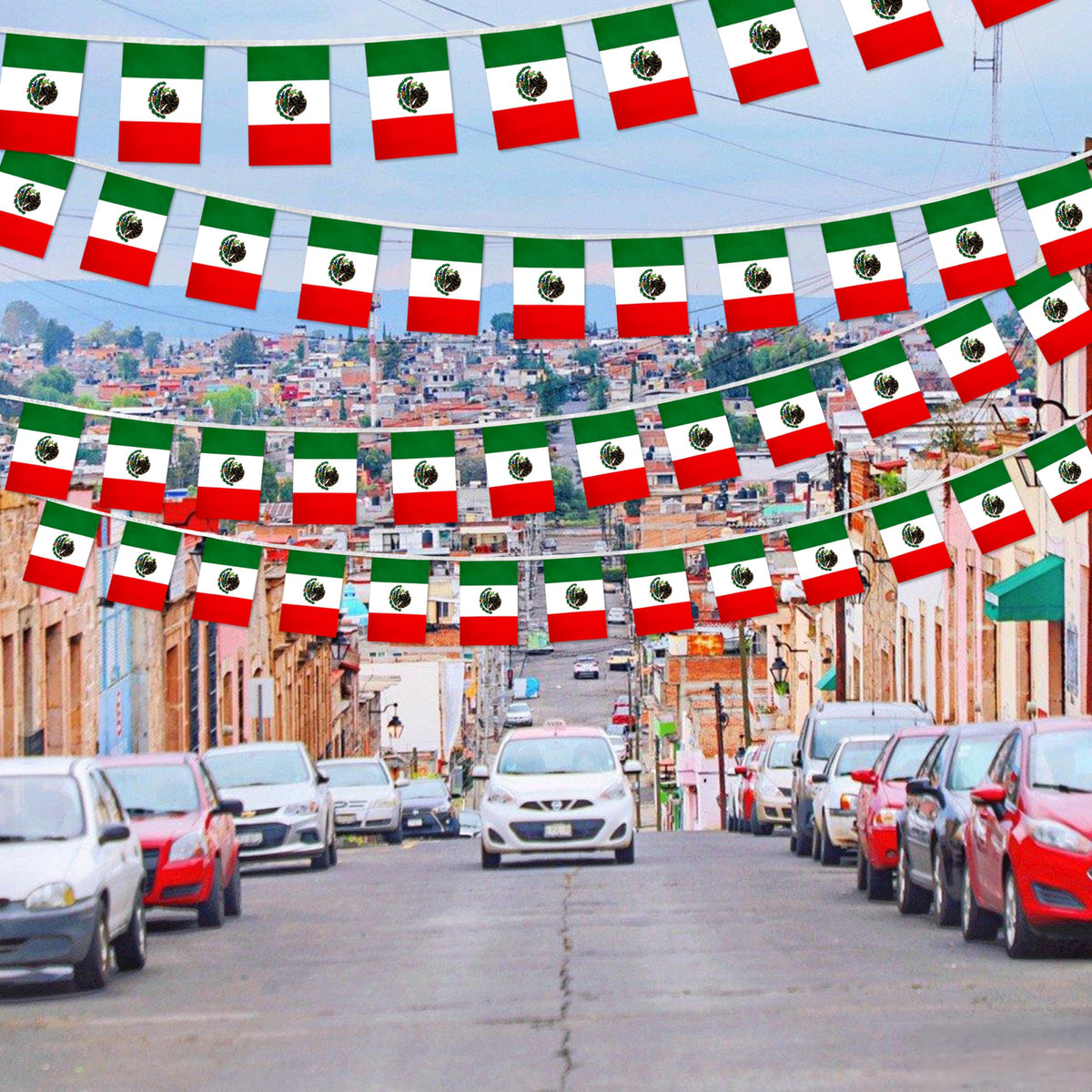 TSMD Mexico flags banner in living room adds festive ambiance.
