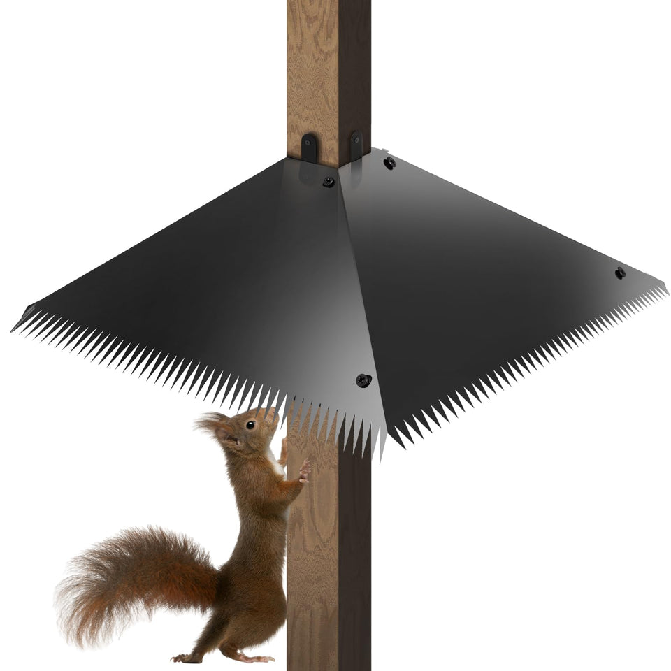 TSSOIYLR squirrel baffle with spikes on a 4x4 post protects bird feeders.