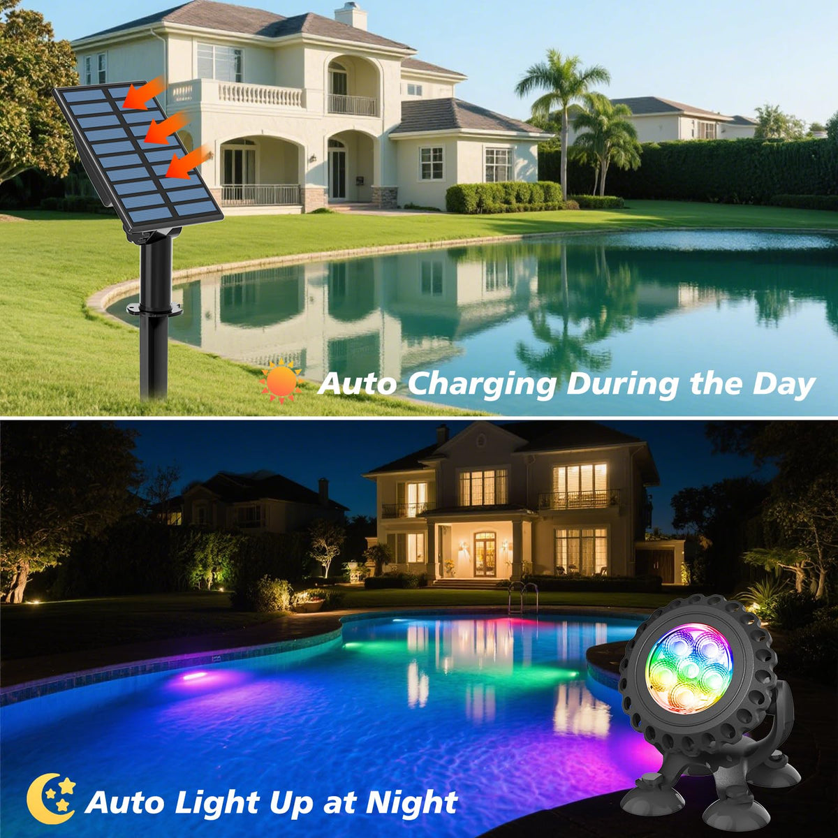 T-SUN RGB color-changing pond light creates dynamic garden ambiance.