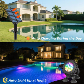 T-SUN RGB color-changing pond light creates dynamic garden ambiance.