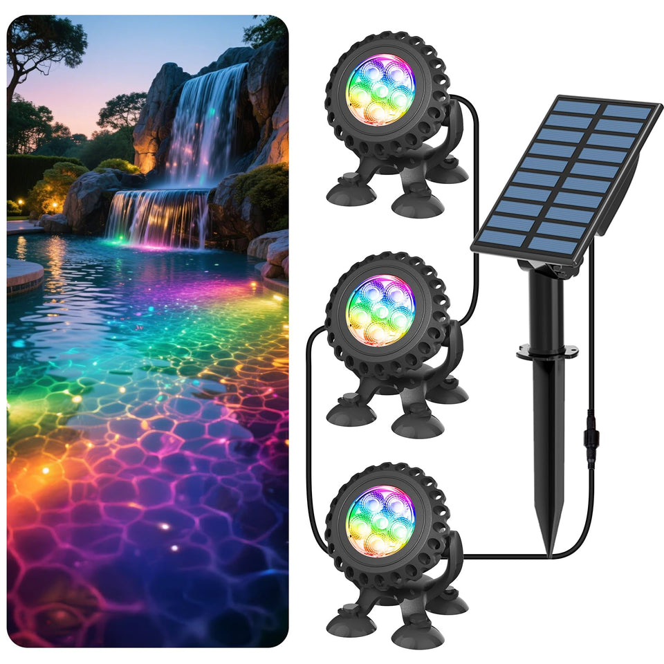 T-SUN solar pond light with six LEDs brightens pond edges.