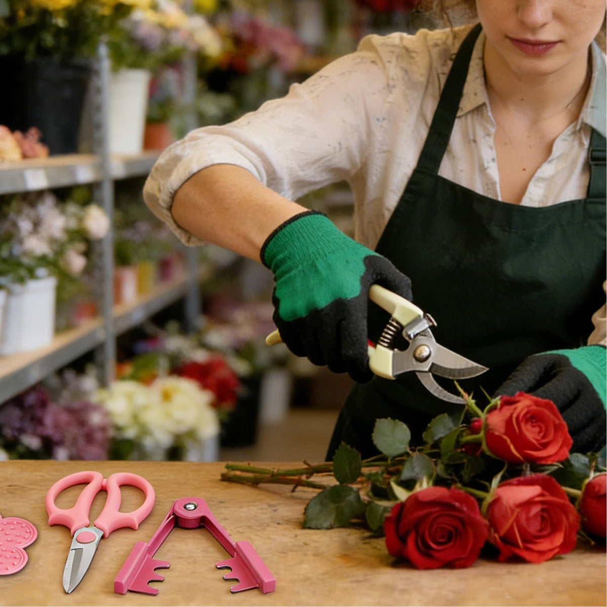 T TOVIA garden gloves protect hands during floral work.