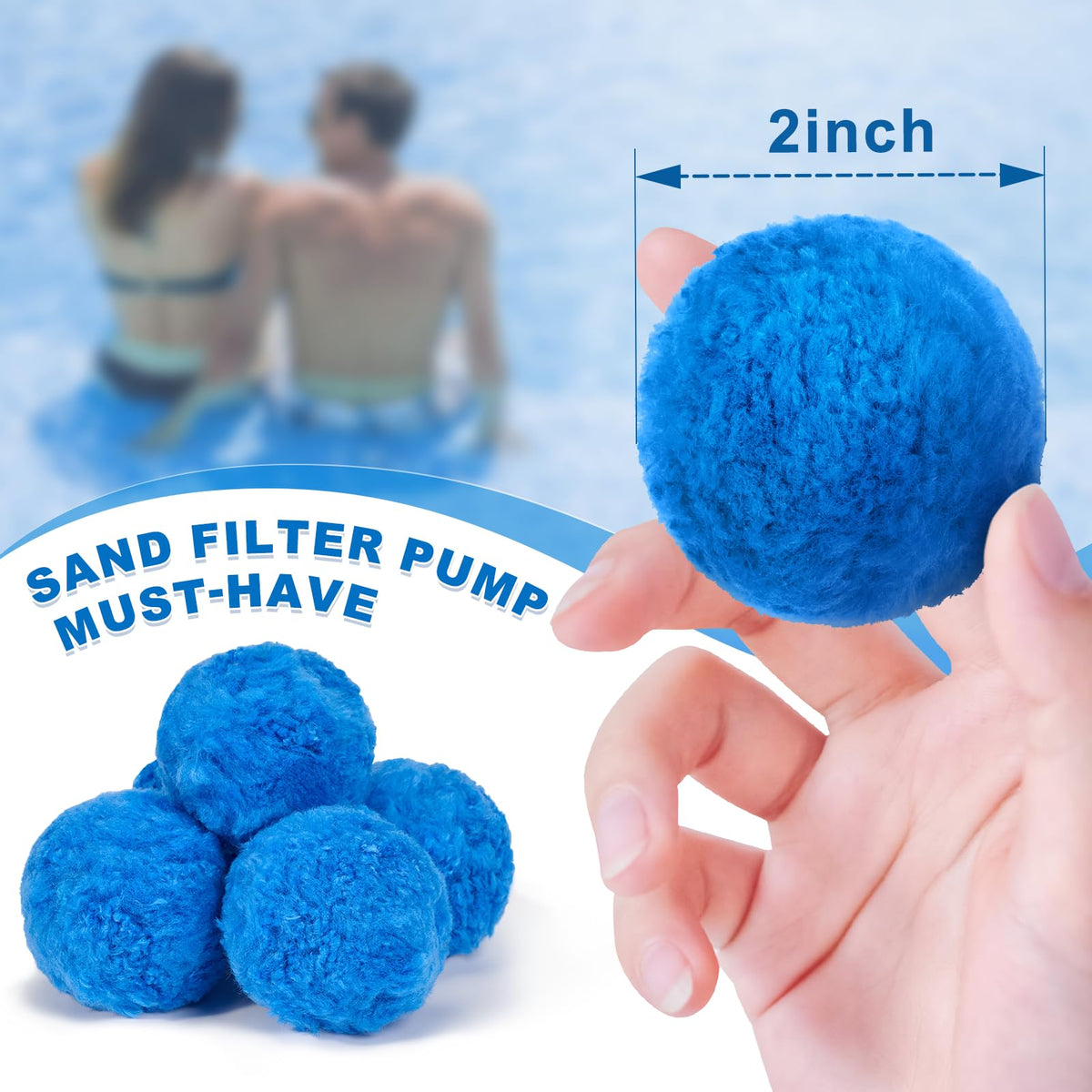TTQ pool filter balls shown as lightweight beads for easy handling.