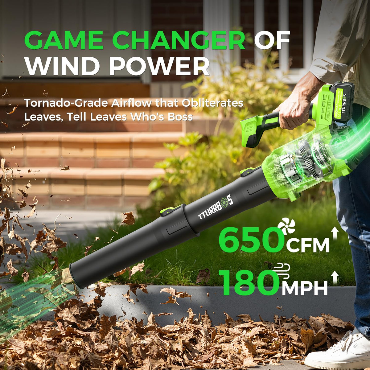 Tturrbos leaf blower with axial fan technology boosts airflow for efficient cleaning.