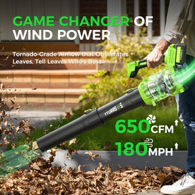 Tturrbos leaf blower with axial fan technology boosts airflow for efficient cleaning.