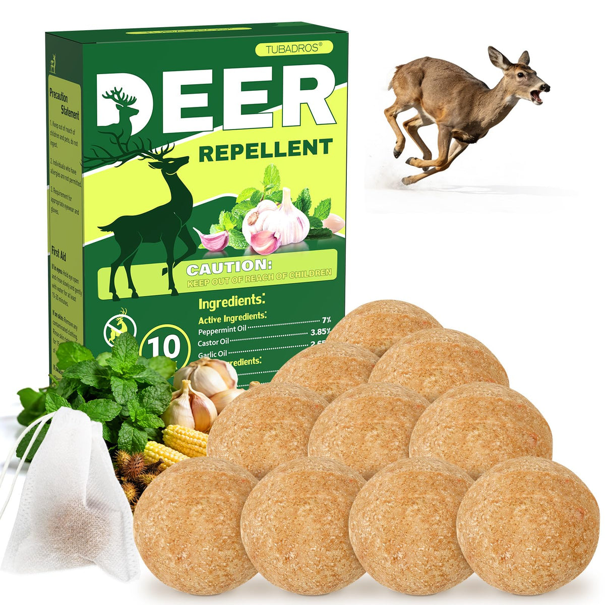 Tubadros 10-pack deer repellent bottle deters wildlife with peppermint aroma.