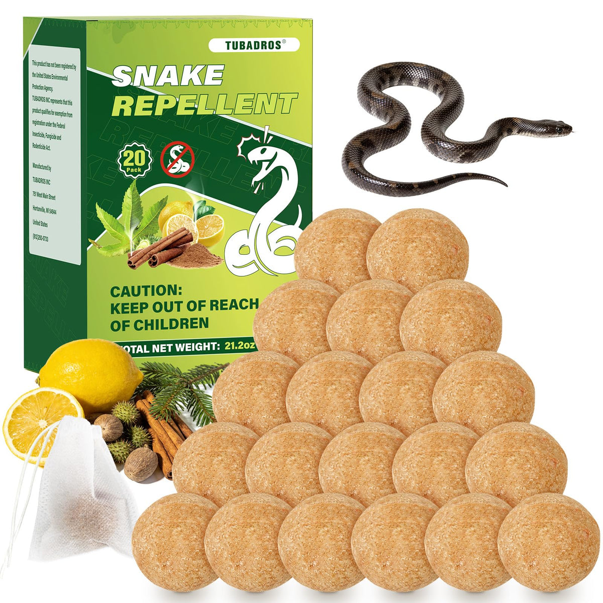 Tubadros 20-pack snake repellent packaging ready for yard protection.