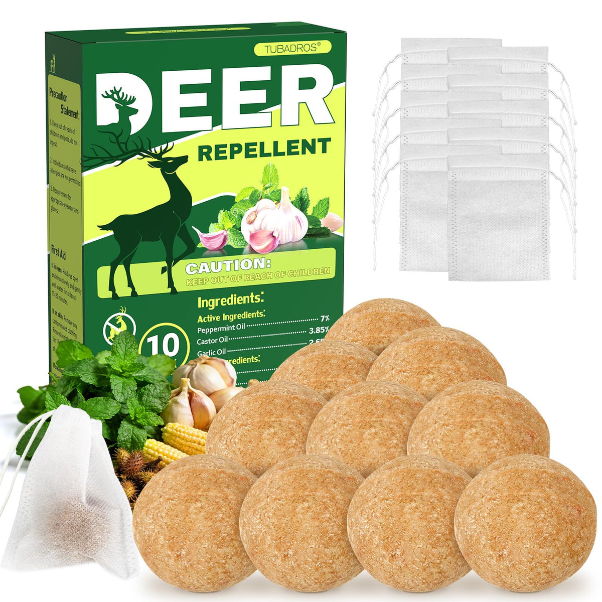Tubadros deer repellent bottle—10-pack for easy outdoor protection of plants.
