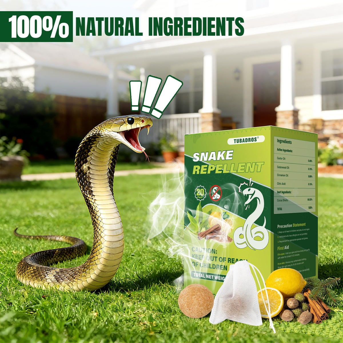 Cedarwood oil odor repels snakes outdoors, Tubadros plant-based repellent.