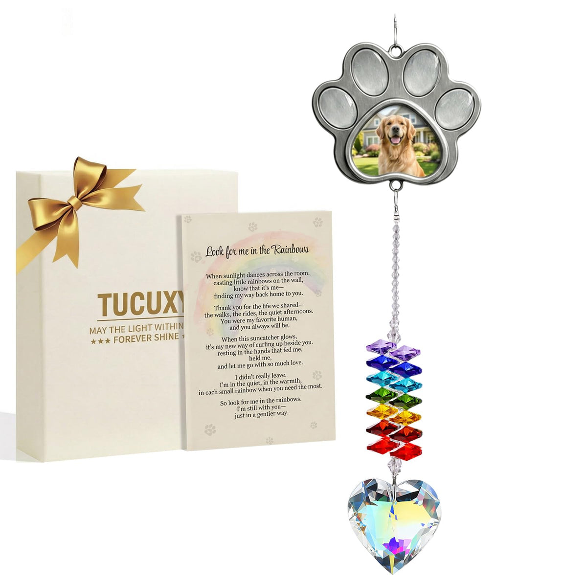 TUCUXY dog memorial suncatcher paw frame shines in sunlight for daily remembrance.